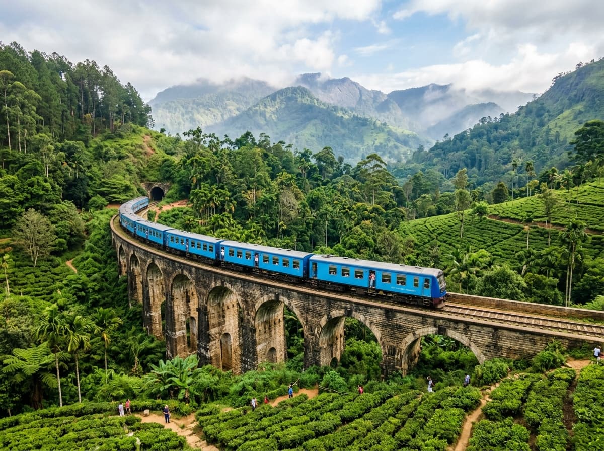 Scenic Ella Nine Arch Bridge amidst misty mountain rainforest — Sri Lanka