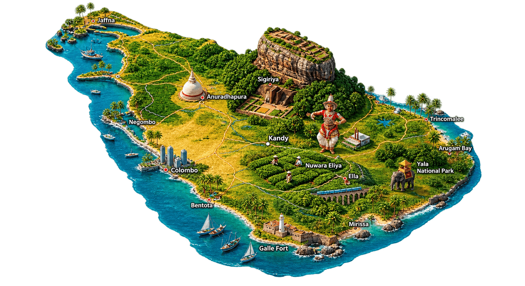Sri Lanka 3D Landmark Travel Map — Sigiriya, Kandy, Nuwara Eliya, Ella, Yala & Southern Coast