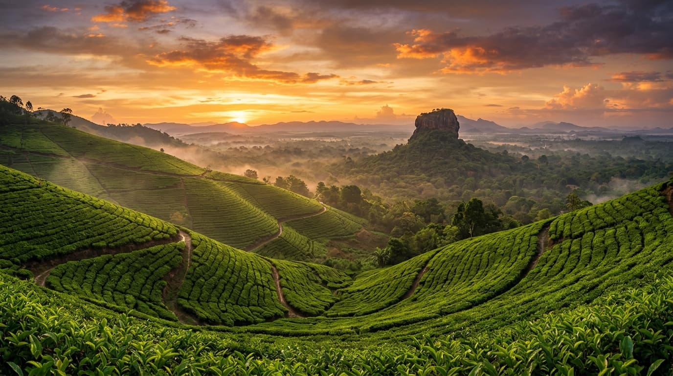Panoramic Sri Lanka scenic landscape — lush tea terraces and Sigiriya rock fortress at golden hour sunset
